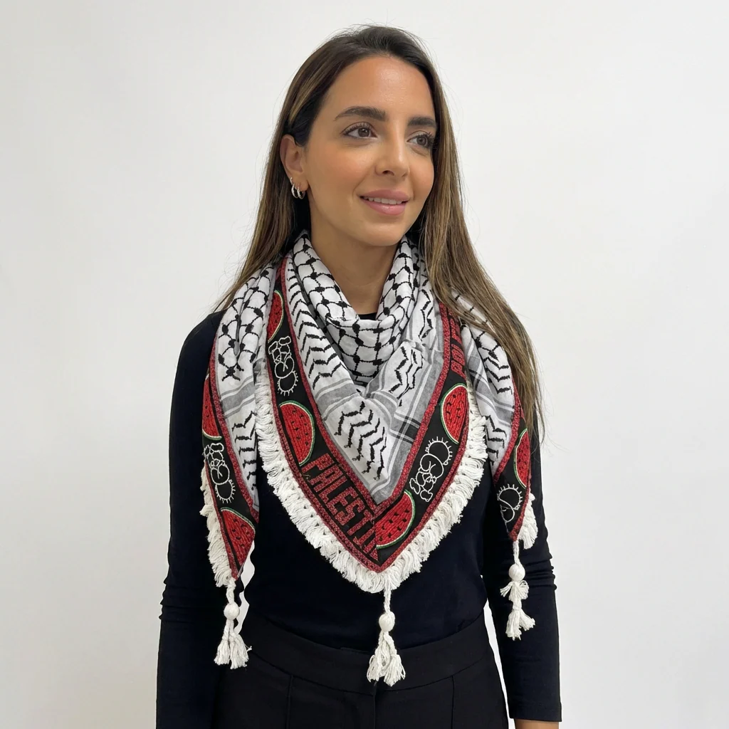 Handala Watermelon Tatreez Shawl (Keffiyeh) | Handmade Tassels - Image 3