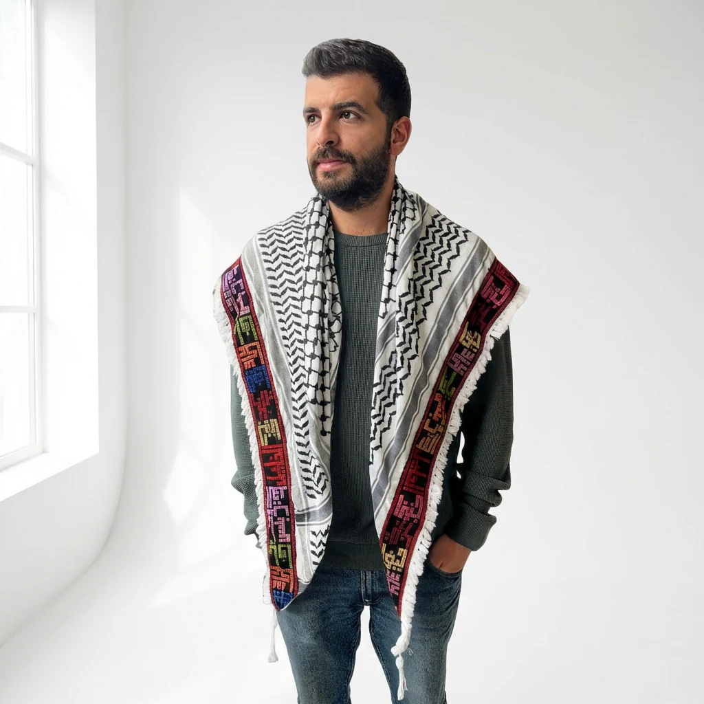 Mudun Tatreez Shawl (Keffiyeh) | Handmade Tassels - Image 4