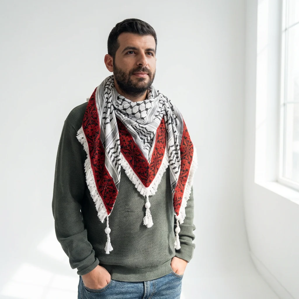 Najma Tatreez Shawl (Keffiyeh) | Handmade Tassels - Image 3