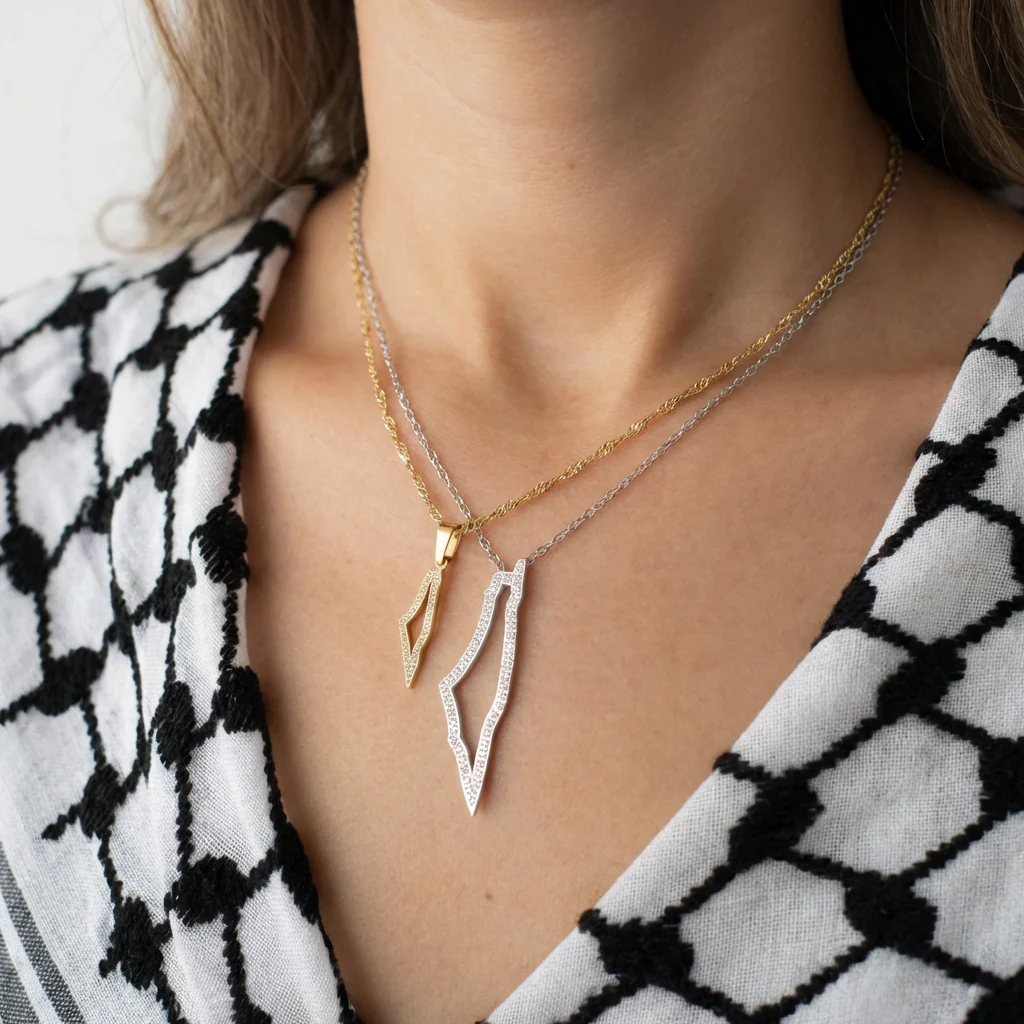 Palestine Map Outline Necklace | Crystal Pavé Design – Stainless Steel & 18K Gold Plated - 2 Sizes - Image 3