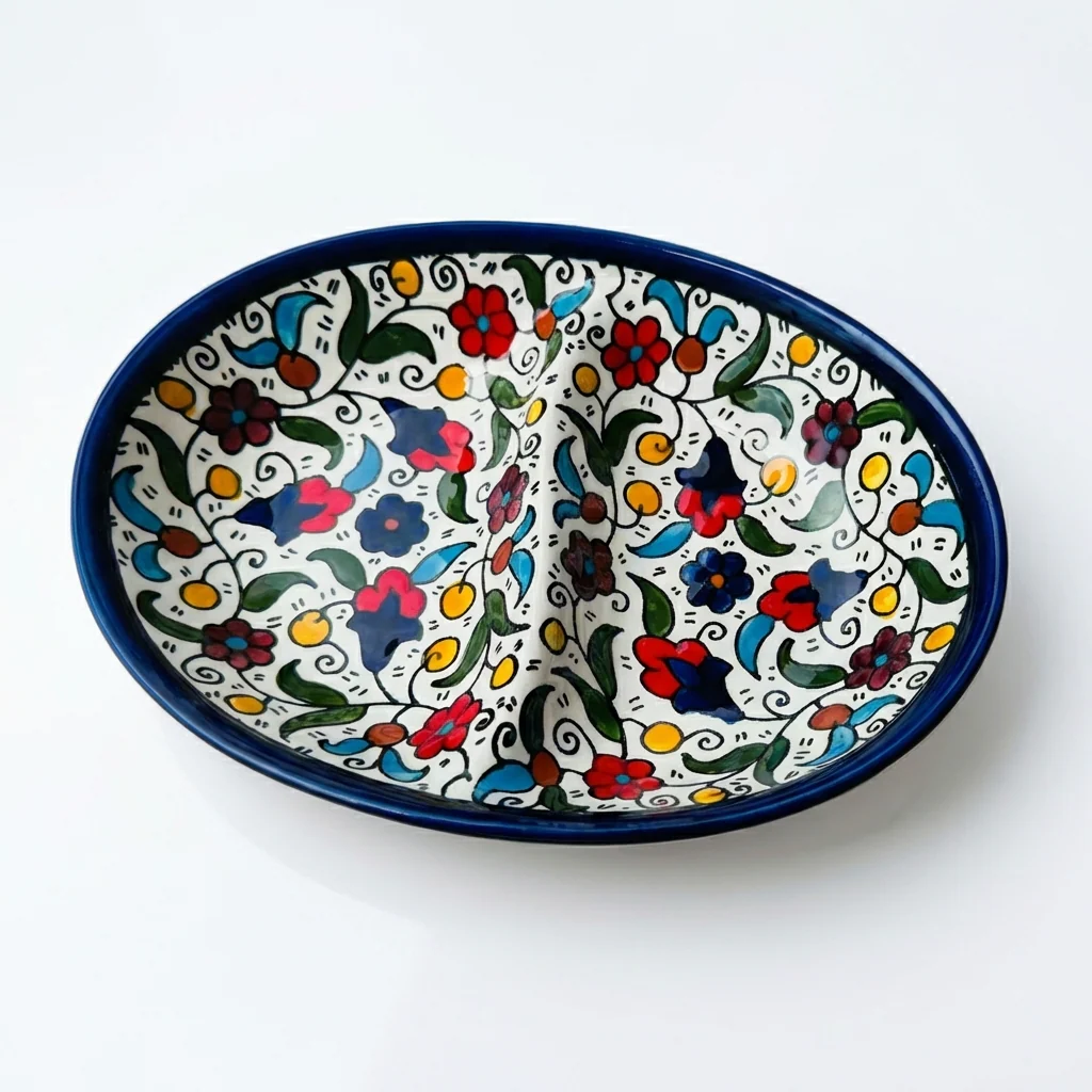 Double Dip Oval Ceramic Dish - Hand-Painted in Palestine - Image 4
