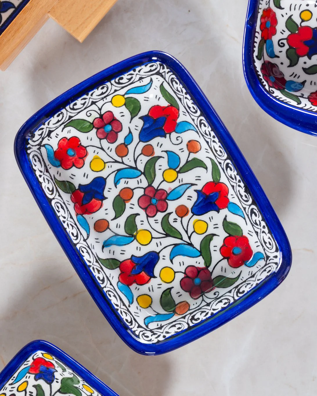 Rectangular Side Dishes – Hand-Painted Palestinian Ceramic | Multicolor & Navy - Image 3