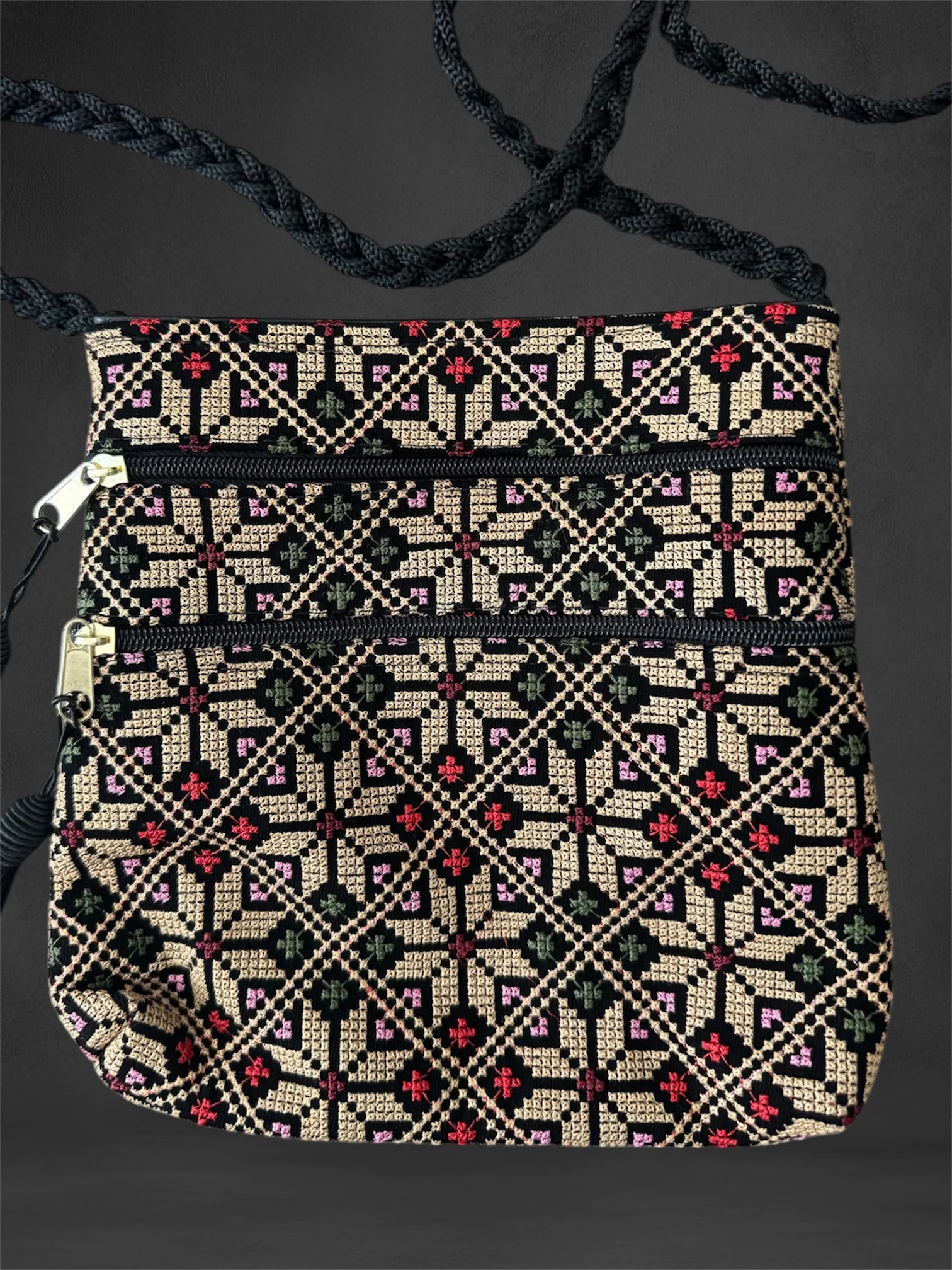 Tatreez Shoulder Pouch - 3 Zipper Compartments | Made by Palestinian Artisans - Image 4